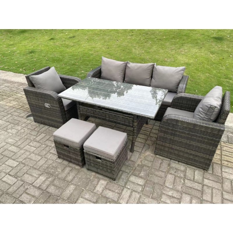Fimous Dark Grey PE Wicker Rattan Garden Furniture Set 3 Seater Lounge Sofa Reclining Chair Outdoor Rectangular Dining Table With 2 Stools 7 Seater