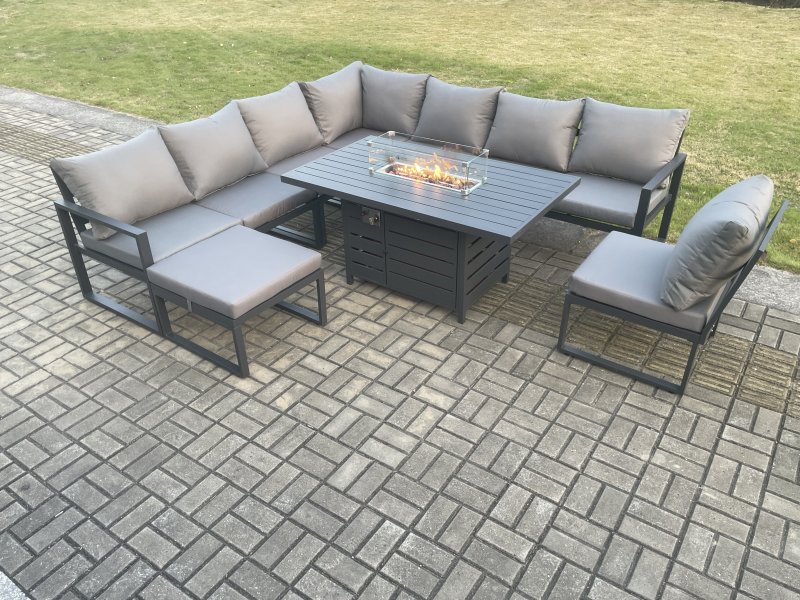 Fimous Aluminium Lounge Corner Sofa Outdoor Garden Furniture Sets Gas Fire Pit Dining Table Set with Big Footstool Dark Grey
