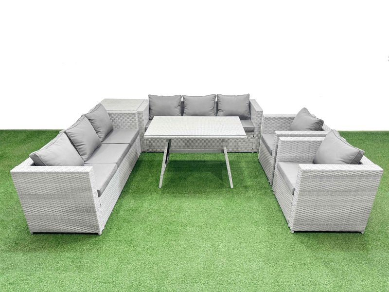Fimous 8 Seater Garden Furniture Set PE Ratten Garden Sofa Set with Rectangular Dining Table Side Table Light Grey