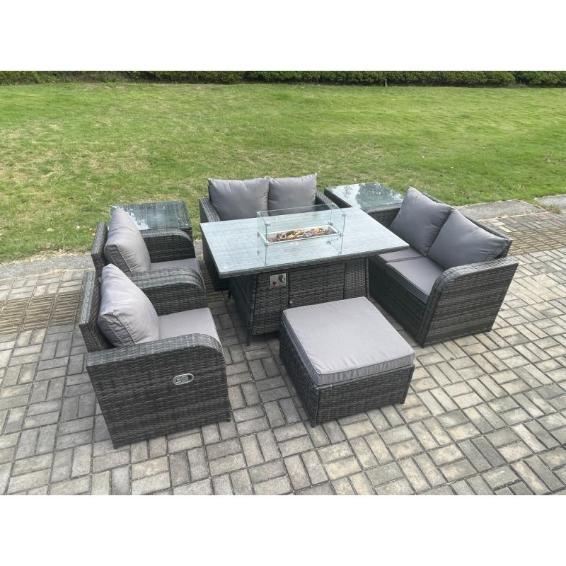 Fimous 7 Seater Rattan Garden Furniture Set Propane Gas Fire Pit Table and Sofa Chair set with 2 Side Tables Big Footstool