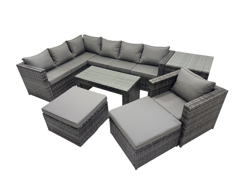 Fimous 7 Pieces Outdoor PE Rattan Garden Furniture Corner Sofa Oblong Coffee Table Set with Cushions 2 Big Footstools Side Table Dark Grey Mixed