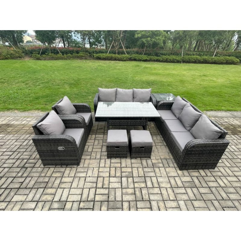 Fimous Outdoor Garden Patio Furniture Wicker Rattan Oblong Rectangular Dining Table and Lounge Sofa set with Side Table 2 Small Footstool Dark Grey Mixed