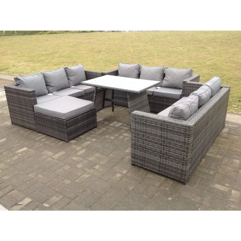 Fimous Outdoor Rattan Garden Furniture Lounge Sofa Set With Oblong Dining Table With Clear Tempered Glass And Big Footstool