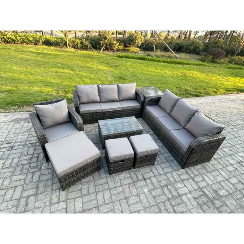 Fimous 10 Seater Rattan Lounge Sofa Set Outdoor Garden Furniture Set with Rectangular Coffee Table 3 Seater Sofa 3 Footstools Side Table Dark Grey Mixed