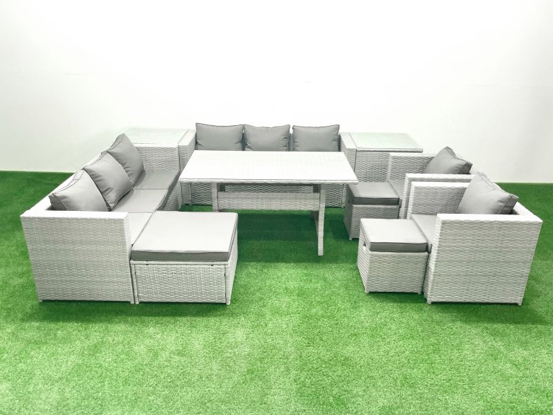 Fimous Rattan Garden Furniture Set Outdoor 8 Seater Patio Dinin g Sofa Sets with Dining Table 2 Chairs 2 Side Tables 3 Footstools Light Grey Mixed