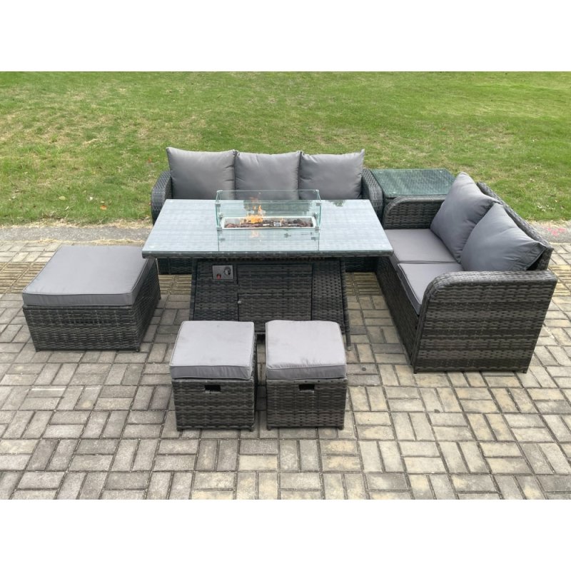 Fimous Garden Patio Furniture Wicker Rattan Gas Fire Pit Table and Sofa Chair set with Side Table 3 Footstools Dark Grey Mixed
