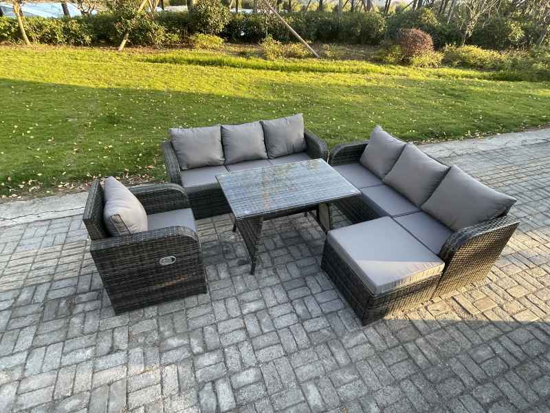 Fimous Outdoor Lounge Sofa Set Wicker PE Rattan Garden Furniture Set with Rectangular Dining Table Reclining Chair Big Footstool Dark Grey Mixed