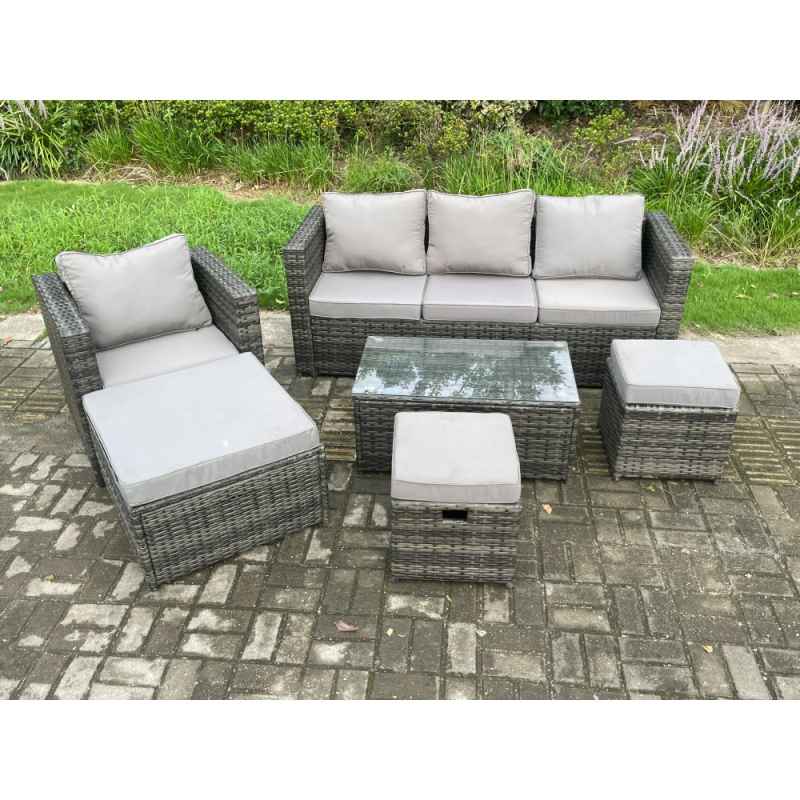 Fimous Rattan Garden Furniture Set with 3 Seater Sofa Coffee Table Armchair 3 Footstools Indoor Outdoor Patio Lounge Sofa Set Dark Grey Mixed