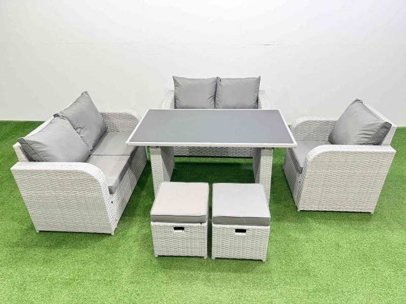 Fimous Rattan Sofa Outdoor Furniture with Dining Table,Love Sofa,2 Small Stools Patio Furniture Light Grey 7 Seater