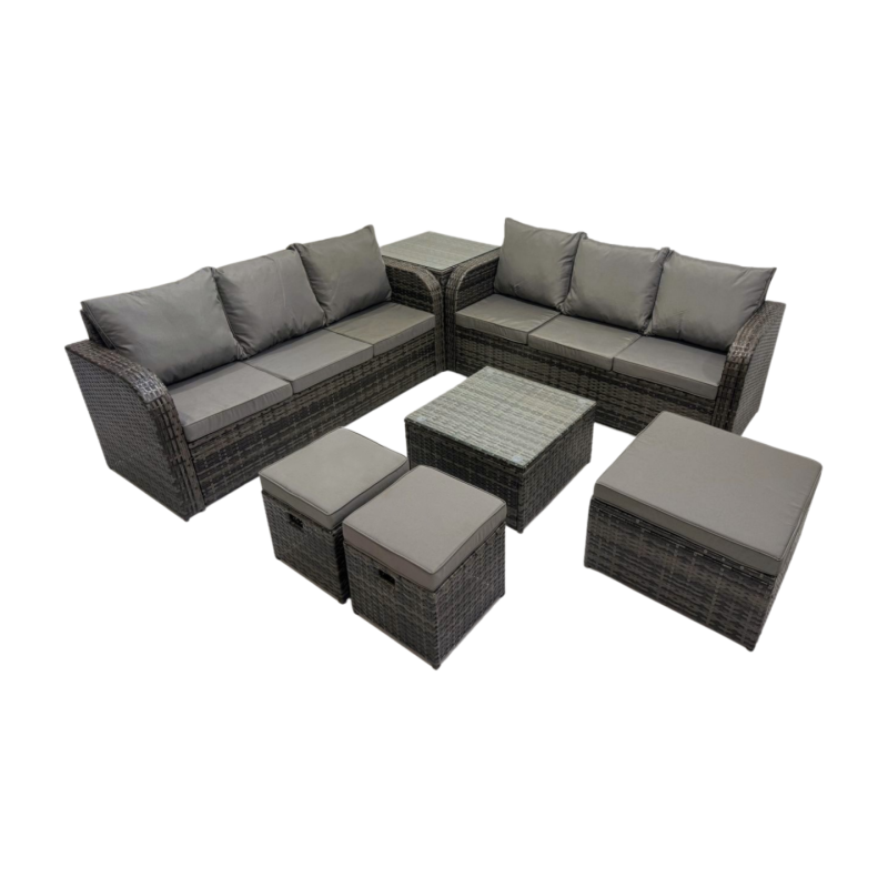Fimous Rattan Garden Outdoor Furniture Set 3 Seater Sofa Square Coffee Table Set with Side Table 3 Stools Dark Grey Mixed