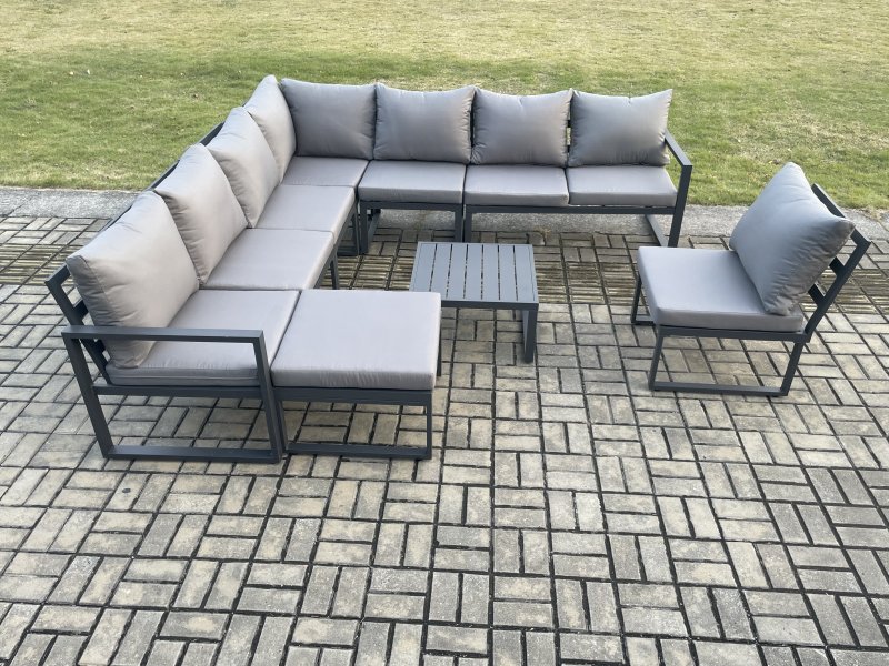 Fimous 9 Seater Patio Outdoor Garden Furniture Aluminium Lounge Corner Sofa Set with Square Coffee Table Big Footstool Dark Grey