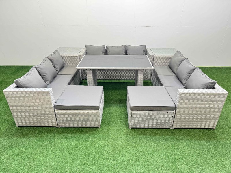 Fimous Patio Outdoor Garden Furniture Sets with Black Glass Top Dining Table 3 Seater Sofa 2 Side Tables 2 Big Stool Light Grey