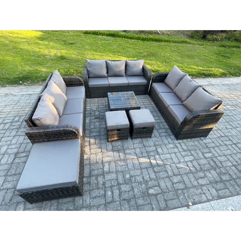 Fimous 12 Seater Rattan Outdoor Furniture Set Patio Garden Sofa Set with Square Coffee Table 3 Seater Sofa 3 Footstools Dark Grey Mixed