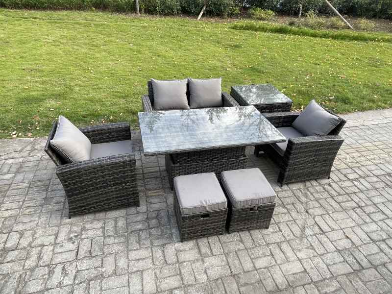 Fimous Outdoor Garden Dining Sets 6 Seater Rattan Patio Furniture Sofa Set with Rising Lifting Table Side Table 2 Small Footstools Dark Grey Mixed