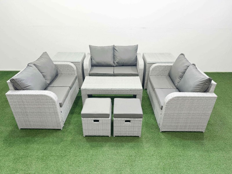 Fimous 8 Seater PE Wicker Rattan Furniture Sofa Sets with Oblong Coffee Table 2 Seater Love Sofa 2 Stool 2 Side Table Light Grey