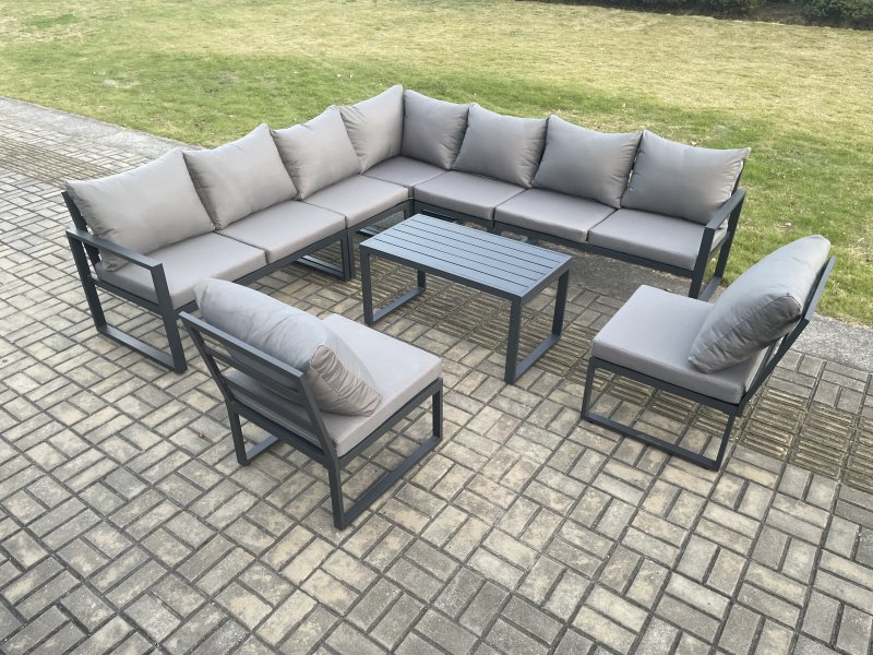 Fimous Aluminium 9 Seater Patio Outdoor Garden Furniture Lounge Corner Sofa Set with Oblong Coffee Table Dark Grey