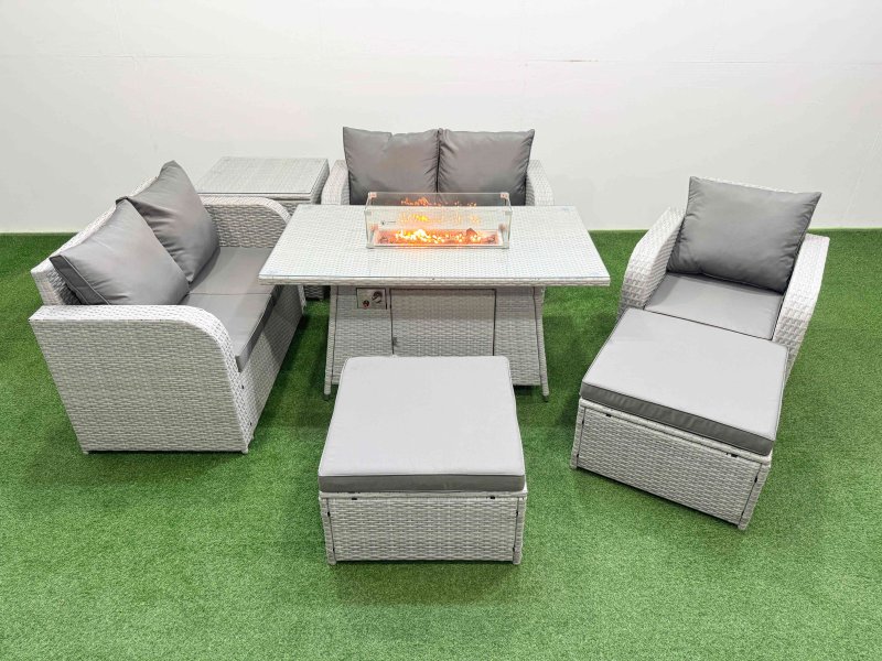 Fimous High Back Poly Rattan Garden Furniture Set with Reclining Chair Loveseat Sofa Firepit Dining Table Indoor Outdoor Patio Set 2 Big Stool Side Table Light Grey