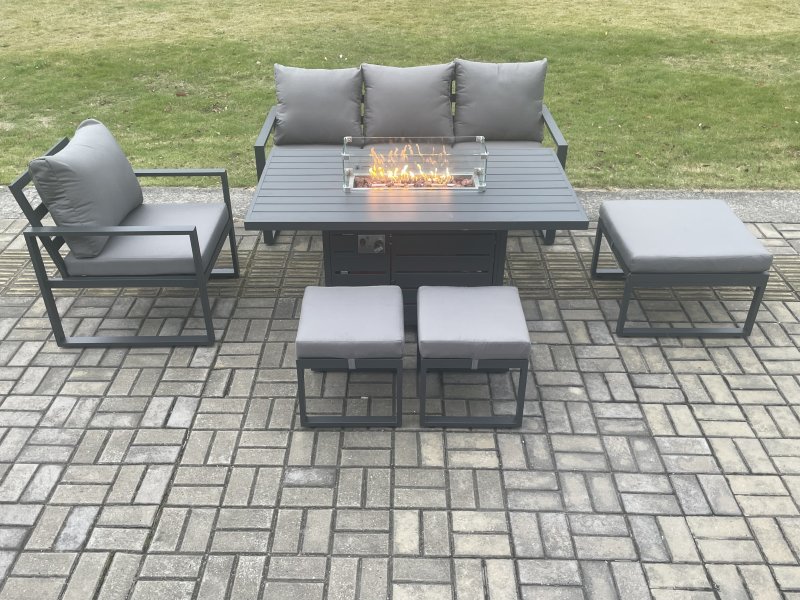 Fimous Aluminium Outdoor Garden Furniture Set Gas Fire Pit Dining Table Set Gas Heater Burner with 3 Footstools Dark Grey 7 Seater