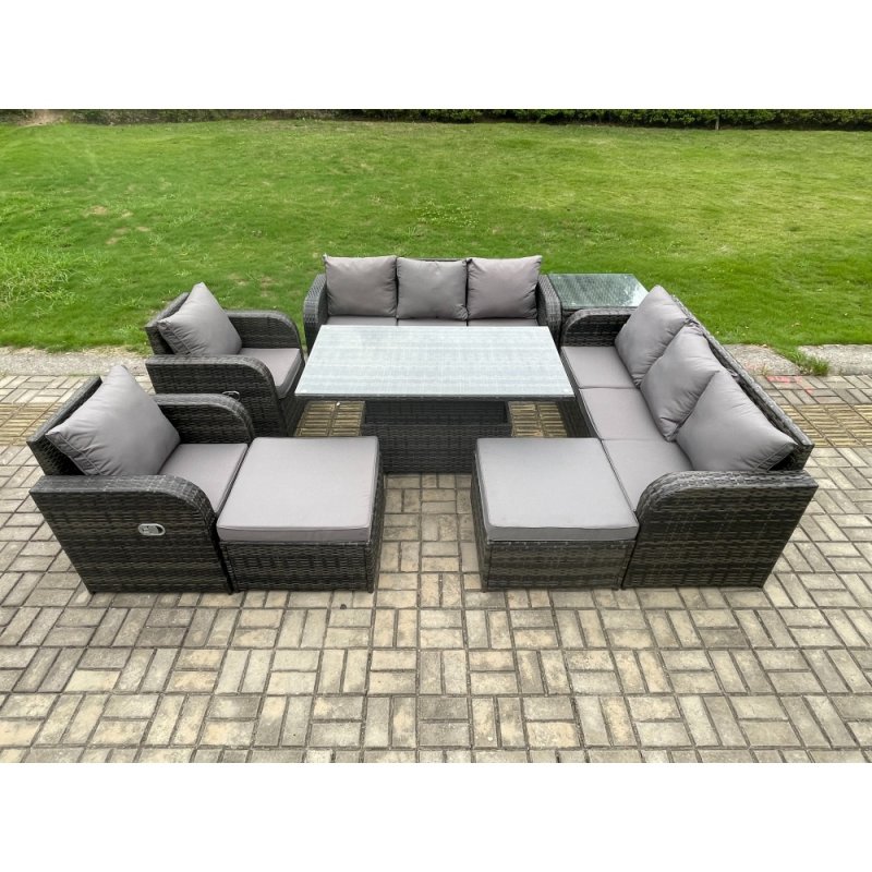 Fimous Rattan Outdoor Garden Furniture Sets Height Adjustable Rising lifting Dining Table Reclining Chair Sofa Set with Side Tables 2 Big Footstools Dark Grey Mixed