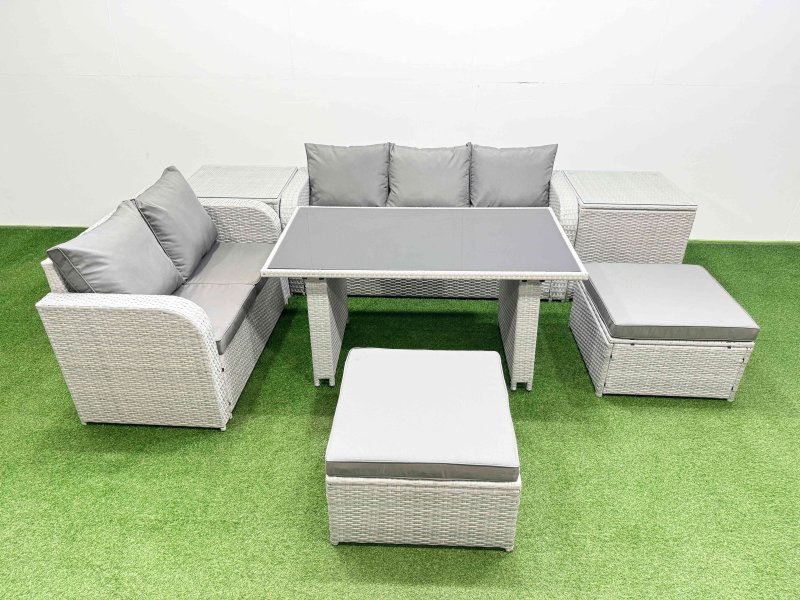 Fimous Garden Furniture Set PE Ratten Garden Sofa Set with Rectangular Dining Table 2 Big Stool 2 Side Tables Light Grey