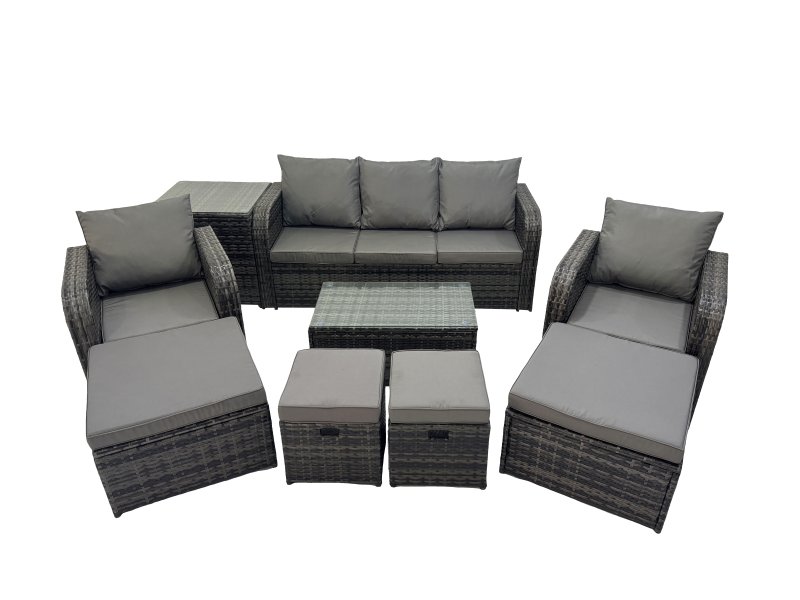 Fimous Outdoor Reclining Chair 3 Seater Sofa Coffee Table Set Garden Rattan Furniture Set 9 Seater with 4 Stools Side Table Dark Grey