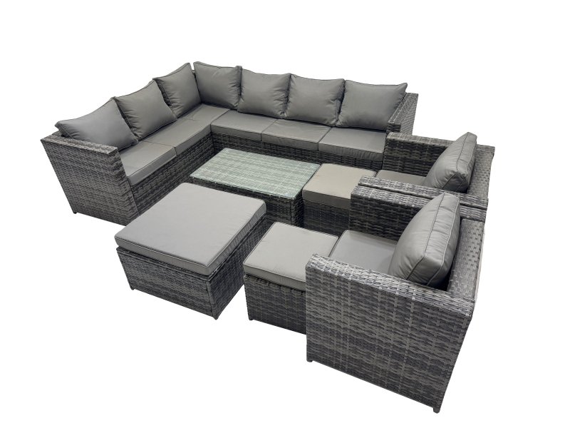 Fimous Outdoor Rattan Rectangular Coffee Table Corner Sofa Sets Garden Furniture Set with 2 Chairs 3 Stools Dark Grey Mixed