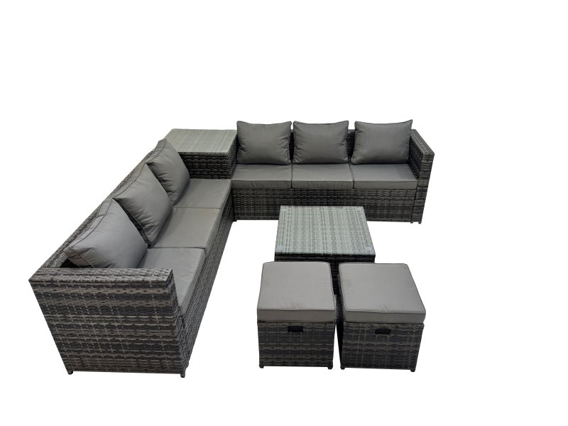 Fimous 8 Seater Garden Outdoor Rattan Furniture Set Patio Corner Sofa Coffee Table with 2 Small Stools Dark Grey