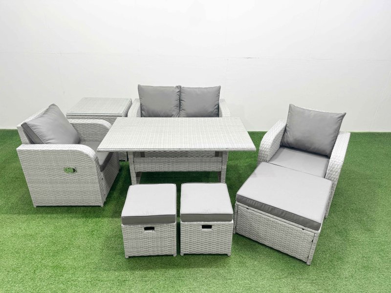 Fimous Light Grey PE Wicker Rattan Garden Furniture Set Sofa Set Reclining Chair Rectangular Dining Table 7 Seater 3 Stools Side Table