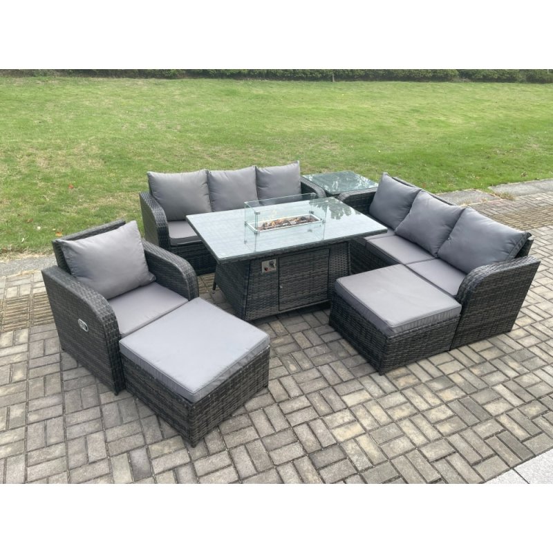 Fimous 9 Seater Wicker Rattan Garden Furniture Set Gas Fire Pit Dining Table Reclining Chair 3 Seater Sofa Set Indoor Outdoor with Side Table 2 Big Footstool