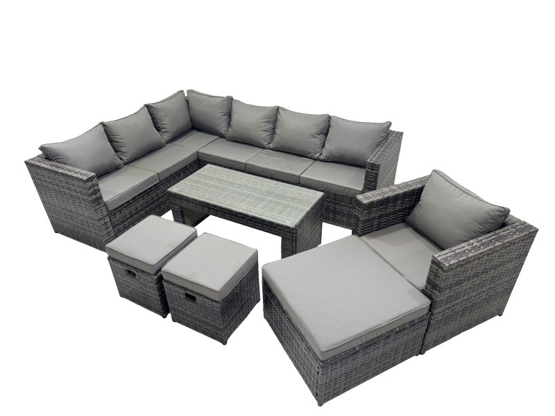 Fimous 7 Pieces Outdoor PE Rattan Garden Furniture Corner Sofa Oblong Coffee Table Set with Cushions 3 Footstools Dark Grey Mixed