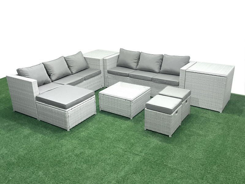 Fimous Rattan Garden Outdoor Furniture Set 9 Seater Rattan Garden Sofa Set with 3 Footstools 2 Side Tables Light Grey Mixed