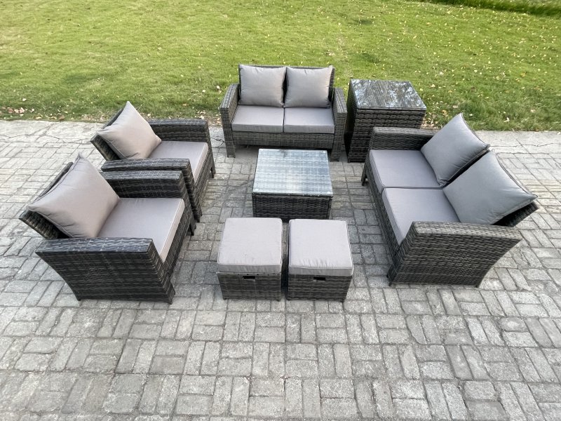 Fimous Rattan Garden Furniture Set 8 Seater Patio Outdoor Lounge Sofa Set with Square Coffee Table Double Seat Sofa Side Table 2 Small Footstools Dark Grey Mixed