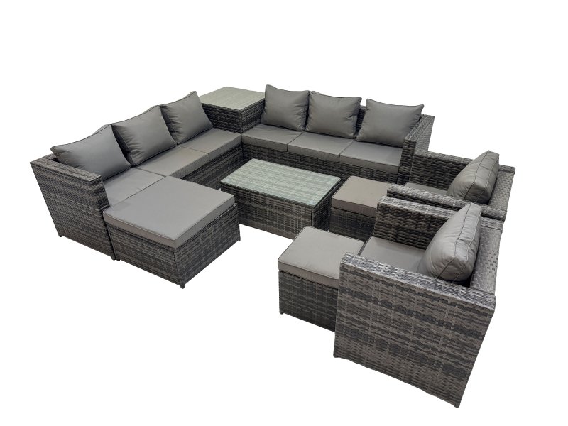 Fimous 11 Seater Garden Outdoor Rattan Furniture Set Patio Corner Sofa Rectangular Coffee Table with 3 Stools Dark Grey