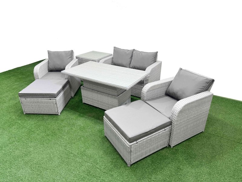 Fimous Light Grey PE Wicker Rattan Garden Furniture Set Sofa Set Reclining Chair Adjustable Lifting Dining or Coffee Table 6 Seater 2 Big Stools Side Table