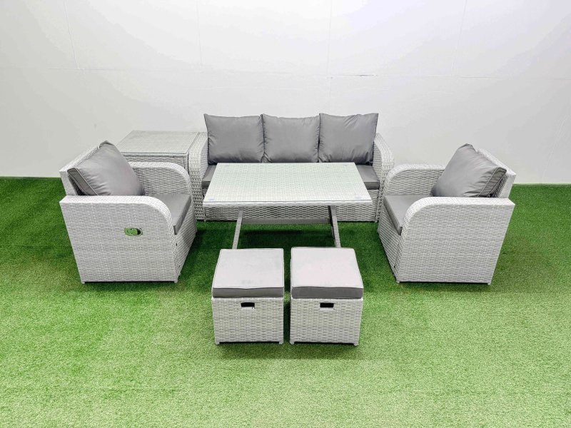 Fimous Reclining Chair 3 Seat Sofa Set Garden Furniture Set with Rectangular Dining Table Side Table 2 Small Footstools Light Grey