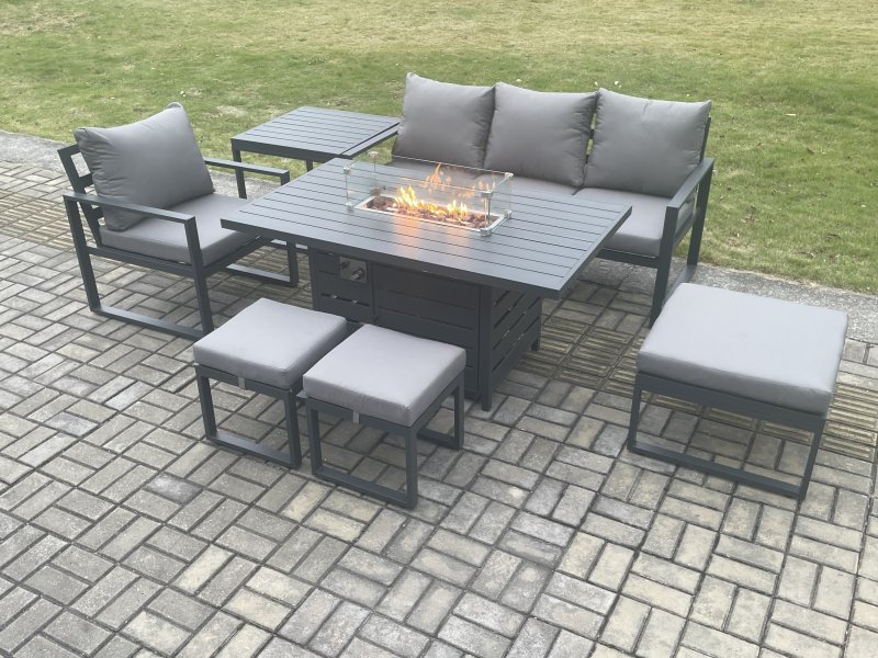 Fimous Aluminium 7 Pieces Garden Furniture Sofa Set with Cushions Gas Fire Pit Dining Table Set with 3 Footstools Side Table Dark Grey
