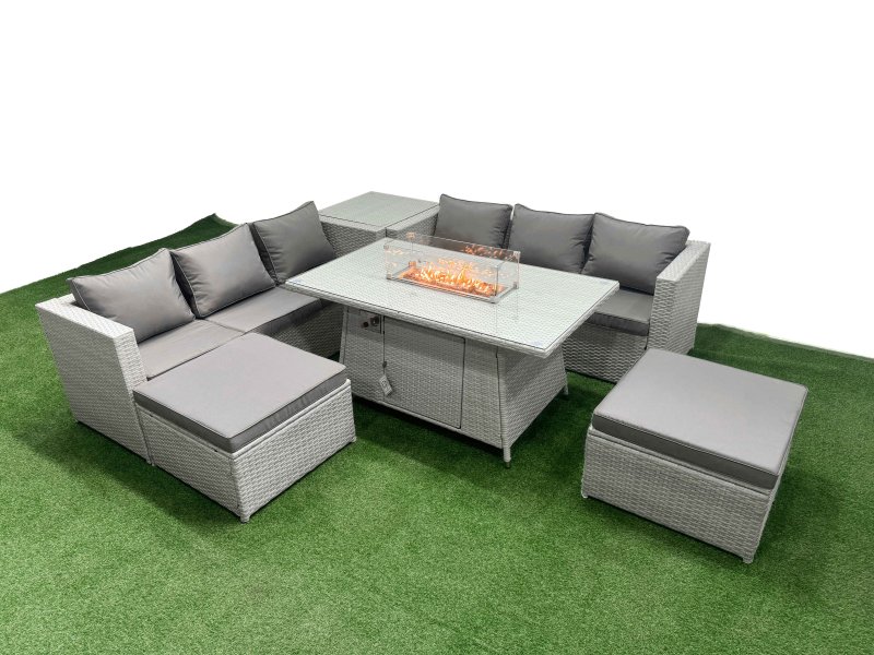 Fimous 8 Seat PE Rattan Lounge Sofa Set Outdoor Garden Furniture Set with Firepit Dining Table 3 Seater Sofa 2 Stools Side Table Light Grey
