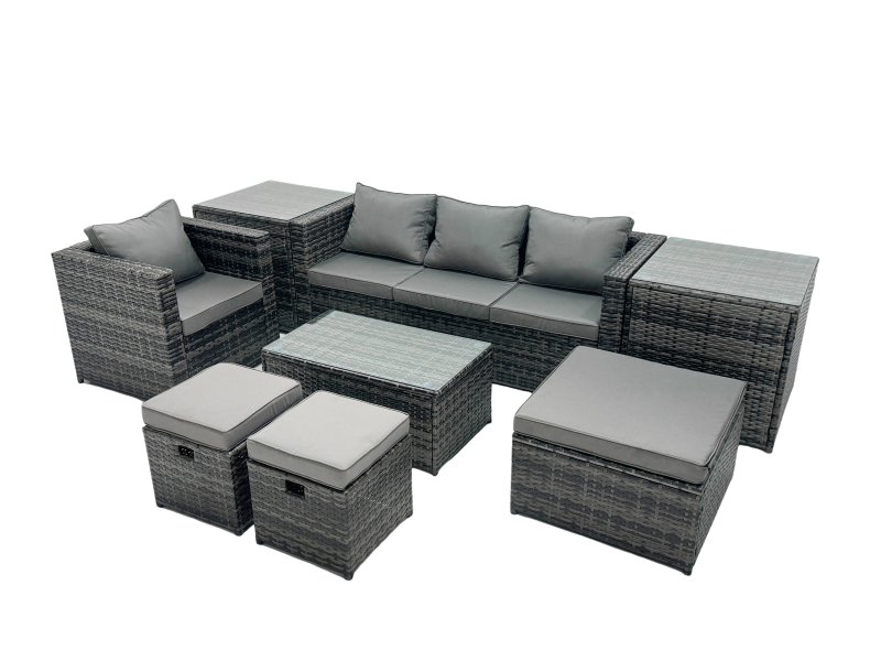 Fimous Outdoor Coffee Table Sofa Armchair Set with 2 Side Tables Big Stool 2 Small Footstools Garden Furniture Set Dark Grey Mixed