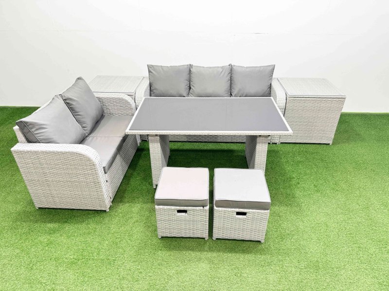 Fimous Garden Furniture Set PE Ratten Garden Sofa Set with Rectangular Dining Table 2 Small Stools 2 Side Tables Light Grey