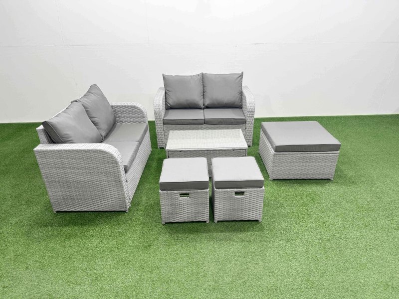 Fimous 7 Seater Outdoor Love Sofa Set Rattan Garden Furniture Set with Rectangular Coffee Table 3 Footstool Light Grey