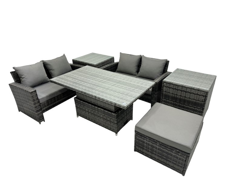 Fimous Outdoor Love Sofa Set 5 Seat Rattan Garden Furniture Set with Adjustable Lifting Dining or Coffee Table Dark Grey Mixed