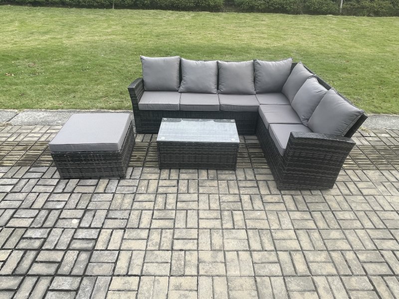 Fimous 7 Seater High Back Outdoor Garden Furniture Set Rattan Corner Sofa Set With Rectangular Coffee Table Big Footstool Dark Grey Mixed