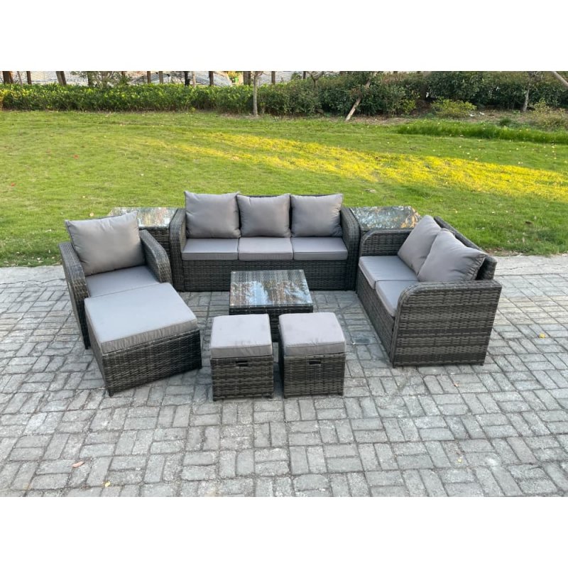 Fimous Rattan Garden Furniture 9 Piece Patio Set With Table Sofa Square Coffee Table Reclining Chair Loveseat sofa Side 3 Seater Sofa 3 Footstools 2 Side Tables