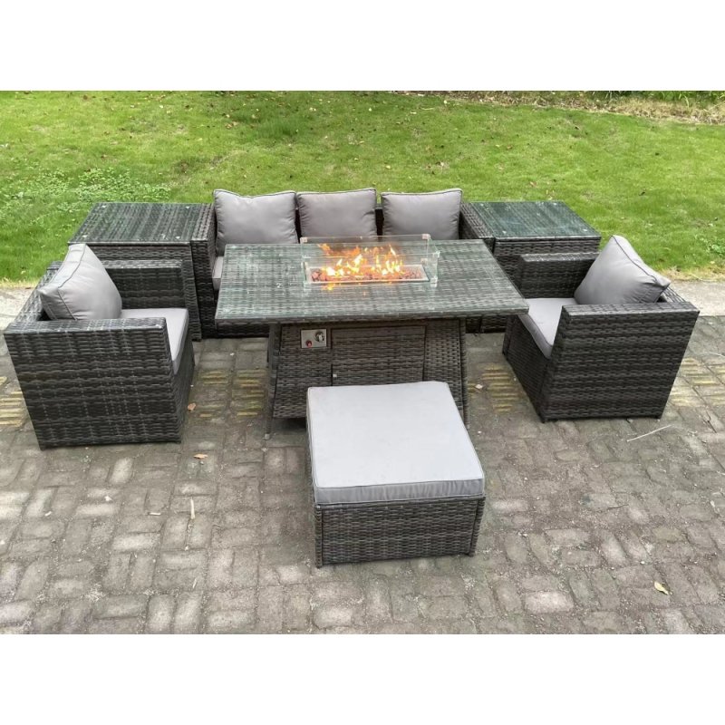 Fimous 6 Seater Outdoor PE Rattan Garden Furniture Set Gas Fire Pit Dining Table Gas Heater Burner With 2 Armchairs 2 Side Tables Big Footstool Dark Grey Mixed