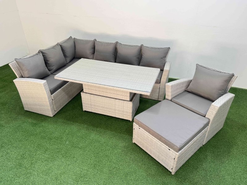 Fimous 8 Seat Rattan Outdoor Garden Furniture Corner Sofa Set Adjustable Lifting Dining or Coffee Table Set with Footstool Light Grey