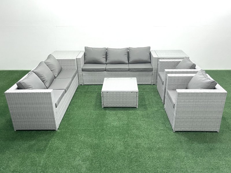 Fimous Outdoor Rattan Sofa Garden Furniture Set with 2 Armchairs Square Coffee Table 2 Side Tables Light Grey Mixed