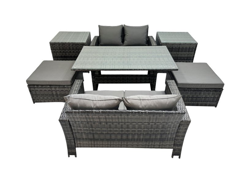 Fimous 6 Seater Wicker PE Rattan Furniture Outdoor Dining Table Double Seat Sofa 2 Side Table 2 Big Stools Set Dark Grey Mixed