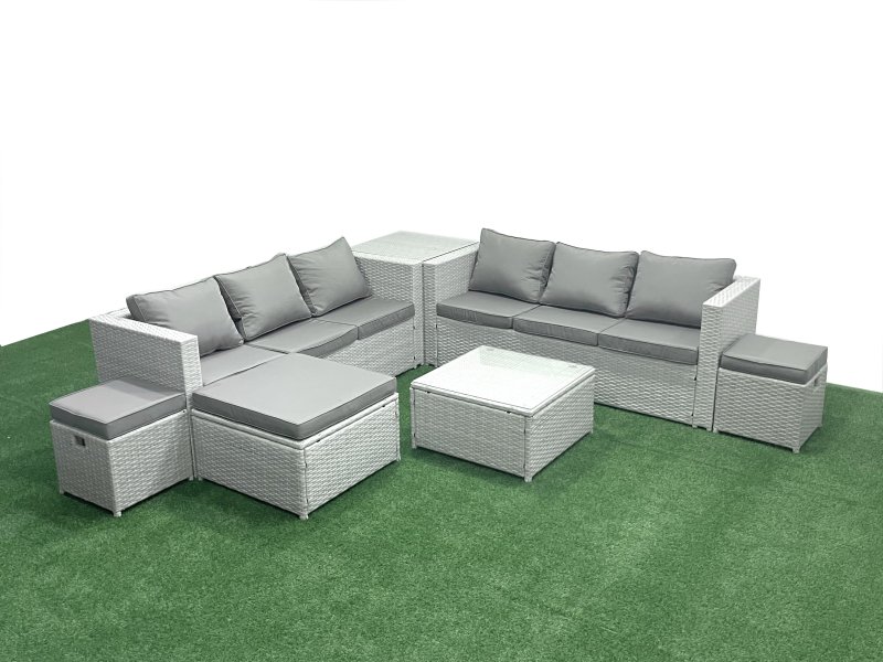 Fimous Rattan Garden Outdoor Furniture Set 9 Seater Rattan Garden Sofa Set with 3 Footstools Side Table Light Grey Mixed