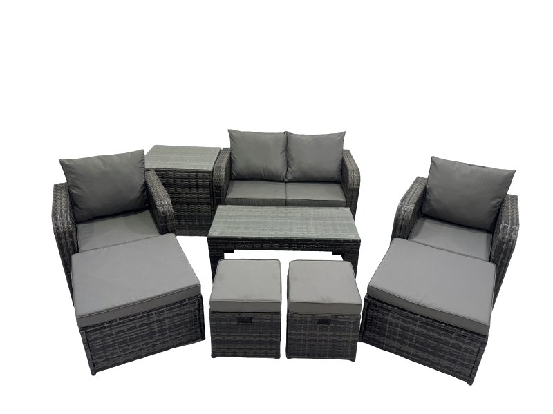 Fimous 3 Seater Sofa Reclining Chair Coffee Table Set Rattan Garden Outdoor Furniture Set with Side Tables 4 Stool Dark Grey Mixed