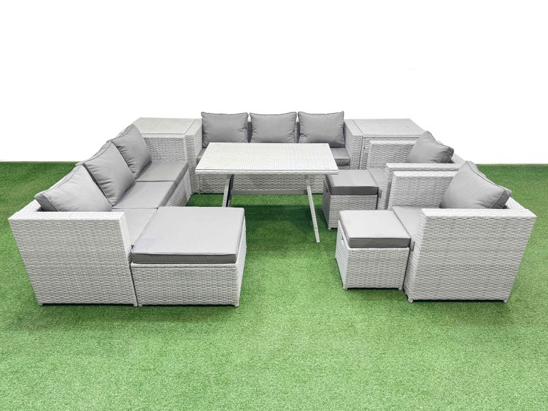 Fimous 11 Seater Garden Furniture Set PE Ratten Garden Sofa Set with Rectangular Dining Table 3 Stool 2 Side Tables Light Grey
